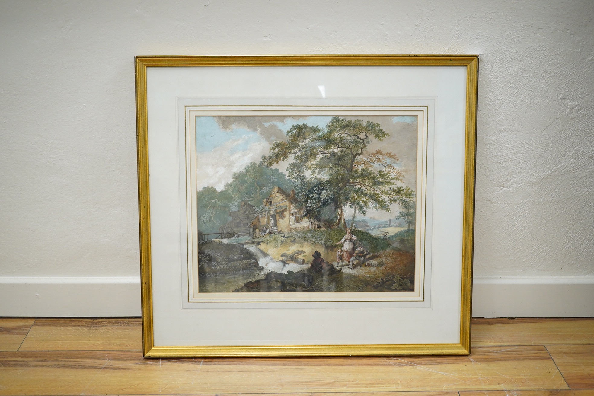 Richard Sass(e) (1774-1849), watercolour, figures by a water mill, 37x46cm. Condition - good